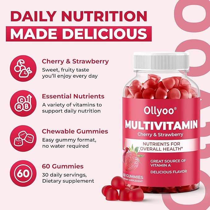 Adult Multivitamin Gummies for Men & Women, Vitamins A, C, D, E, B6, B12, Biotin, Folic Acid, Cherry & Strawberry Flavor, Supports Overall Health, 60 Count