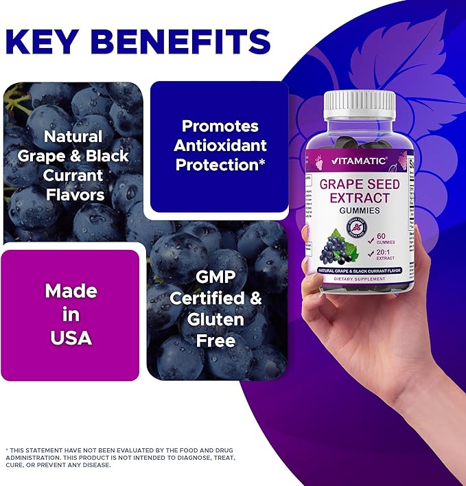Vitamatic Grape Seed Extract Gummies – Plant-Based Botanical Extract – Natural Grape & Black Currant Flavor – Vegan, Non-GMO – Herbal Supplement – 60 Gummies