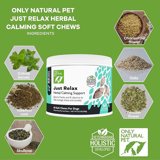 Only Natural Pet - Just Relax Herbal Calming Soft Chews for Dogs | Natural Anxiety Relief Treats, Premium Dog Relaxation Aid, Stress and Anxiety Relief Supplement - Bacon Flavor - 60 Soft Chews