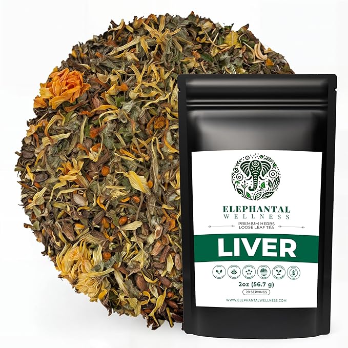 Elephantal Wellness Liver Herbal Tea – Supports Liver Detox, Repair & Resilience | Milk Thistle, Artichoke Leaf, Dandelion Root & Burdock | Caffeine-Free Loose Leaf Herbal Tea – 2oz, 20 Servings