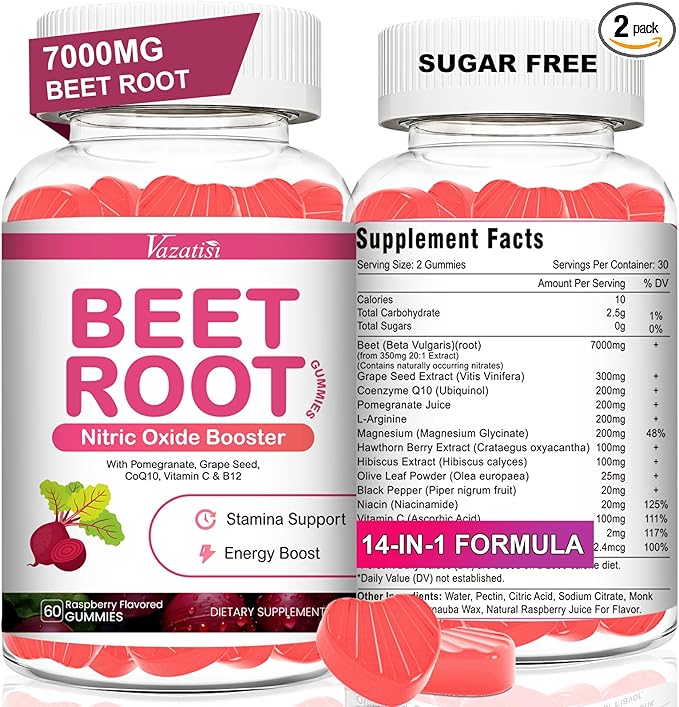Beet Root Gummies – Nitric Oxide Beetroot Gummies with Coq 10, Grape Seed, Pomegranate for Circulation & Energy Support – Vegan, Non-GMO, 120 Beet Chews