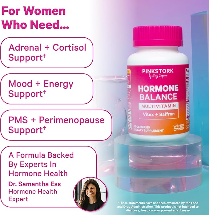 Pink Stork Hormone Balance Multivitamin for Women | 18-in-1 Vitex, Saffron, Ashwagandha, Magnesium | Mood, Energy, Cortisol, Adrenal Support | PMS, Perimenopause Support | 60 Vegan Capsules