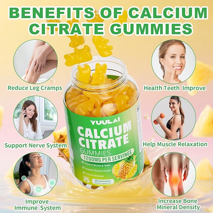 Pack of 2 Calcium Citrate Gummies 1200mg, Chewable Calcium Supplements for Women & Men, Sugar Free Calcium Gummies for Bone, Muscle & Immune Support, Pineapple Flavor, 120 Count