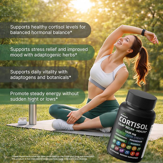Cortisol Supplements for Women and Men, High Cortisol Reducer with Ashwagandha, Magnesium, Rhodiola, & L-Theanine-Supports Cortisol Calm, Sleep & Stress Relief–90 Capsules