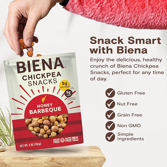 BIENA Chickpea Snacks - Crunchy Roasted Chickpeas - High Fiber Protein Snacks for Adults and Kids - 8-Pack, 5 Ounce - Barbecue