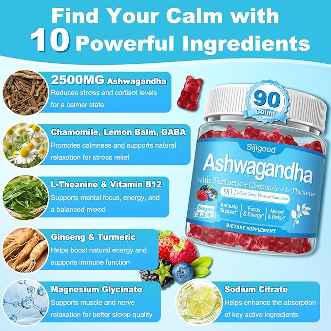 180 Count | Ashwagandha Gummies–Ashwagandha Supplements with L-Theanine & GABA–Support zzZ, M♡♡d, Relaxation, Daily Balance, Mind-Body Wellness for Women & Men