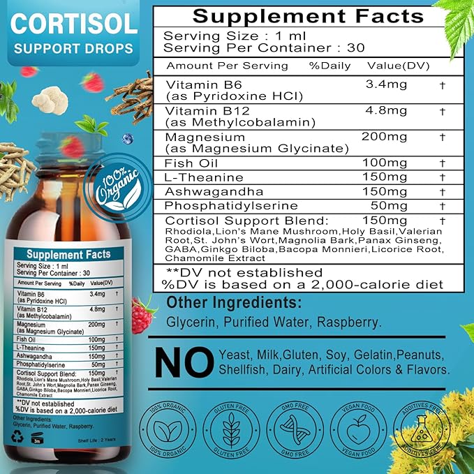 Cortisol Supplement for Women - 19-in-1 Liquid Cortisol Supplement w/Ashwagandha Magnesium L-theanine Phosphatidylserine Herbs - High Absorption Hormone Balanced for Women Drops - Sleep Focus, Non-GMO