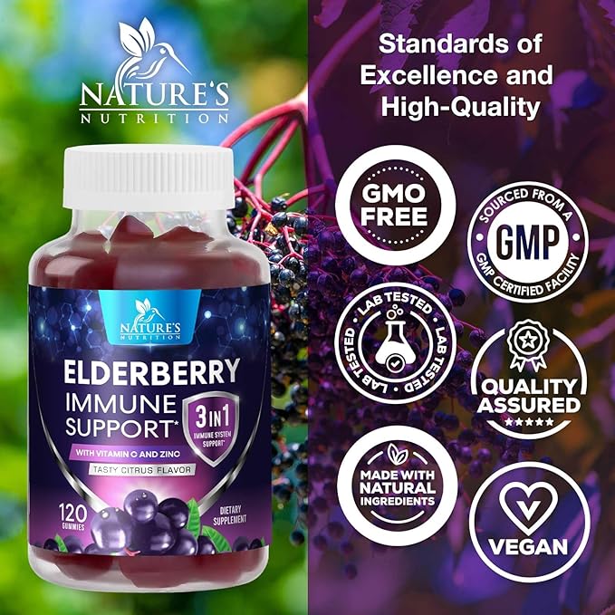 Elderberry Gummies - Black Elderberry Extract Immune Support Gummy with Vitamin C, D3 and Zinc - Sambucus Immune Health Support Supplement for Kids & Adults, Black Elder Berry Vitamins - 120 Gummies