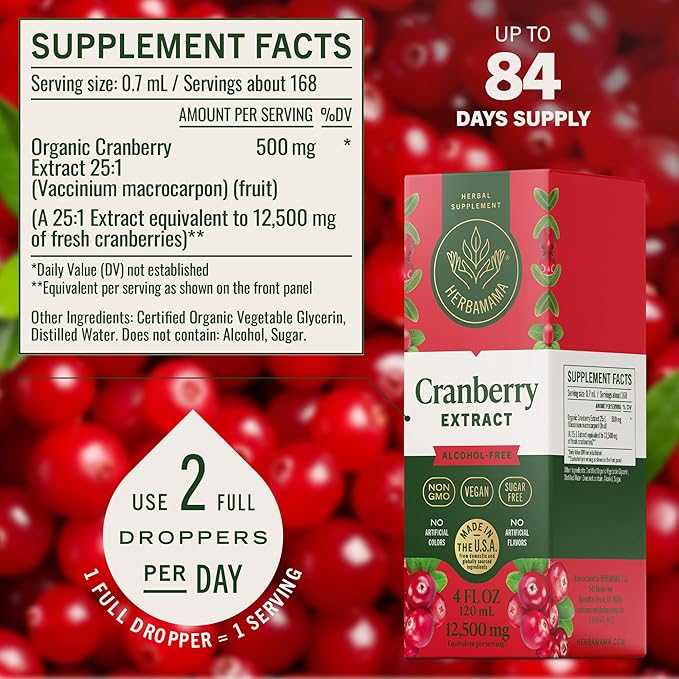 HERBAMAMA Cranberry Supplement Tincture - Vegan Urinary Tract Support for Men and Women with Cranberry Extract - Non-GMO, Alcohol & Sugar-Free Kidney Support Supplement, 84-Day Supply