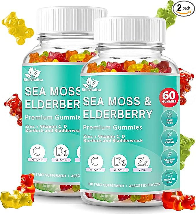 BIO VITALICA Irish Sea Moss Gummies with Elderberry – USA Made Vegan Gummies with Vitamin C, D & Zinc – Immune Support Supplement with Bladderwrack & Burdock Root for Adults & Kids – 2 Packs