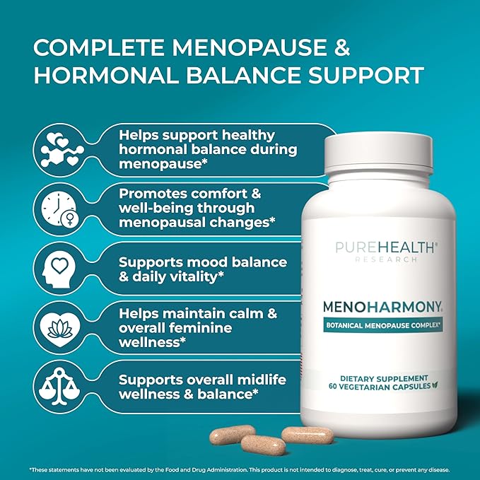 PUREHEALTH Research MenoHarmony - Herbal Menopause Supplement for Women - Female Hormone Balance for Hot Flashes & Night Sweats - with Passion Flower, Red Clover, Hops, Sage & More - 60 Capsules