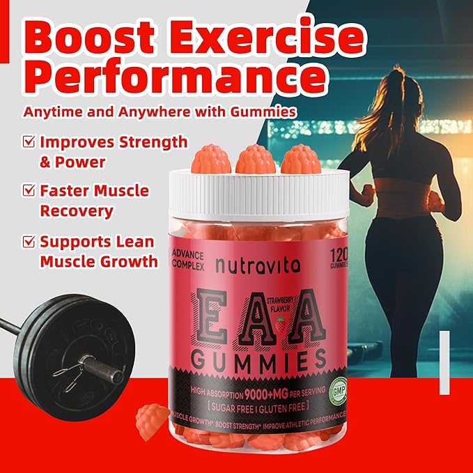 Nutravita EAA Gummies 120 Gummies (Strawberry), 9000 mg Essential Amino Acids - All 9 Essential Aminos (EAA) and All Branched-Chain Aminos (BCAAs), Non-GMO, Gluten Free, Vegetarian Friendly