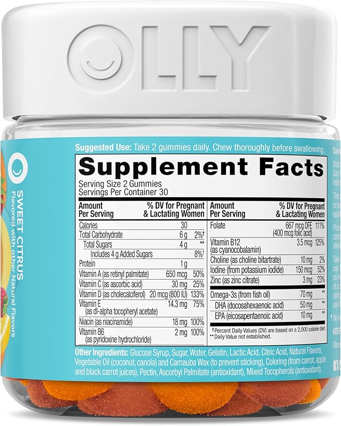 OLLY Prenatal Multivitamin Gummy, Supports Healthy Growth and Brain Development, Folic Acid, Vitamin D, Omega 3 DHA, Chewable Supplement, Citrus Berry Flavor, 30 Day Supply - 60 Count