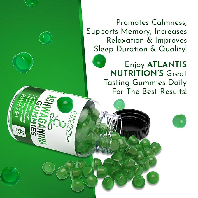 Atlantis Nutrition Ashwagandha Gummies - Ashwagandha Extract 30:1 - Promotes Calmness, Improves Mood, Boosts Energy Levels & Strengthens Immune System - Formulated w/Vitamin D & Zinc - Vegan | 60 Ct