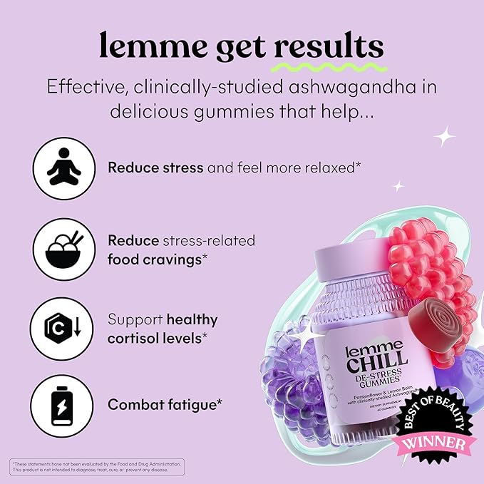Lemme Chill Stress Relief Gummies with 300mg KSM-66 Ashwagandha, Lemon Balm, Passionflower & Goji to Support Relaxation, Healthy Cortisol & Sleep - Gluten-Free, Non-GMO, Mixed Berry (60 Count)