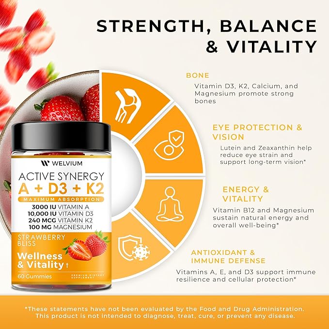 Vitamin D3 K2 Gummies 10000 IU with Magnesium Glycinate, Calcium, B12, K2 MK-7, Vitamins A, E, Lutein, Zeaxanthin - ADK Chewable Supplement for Bone, Eye, Immune Support - D3K2 Gummies