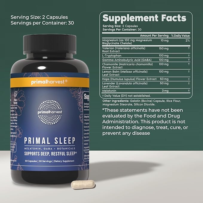 Primal Harvest 2 Pack, Primal Sleep, 120 Capsules with Valerian Root, L-Tryptophan, GABA, Chamomile, and Melatonin 3mg
