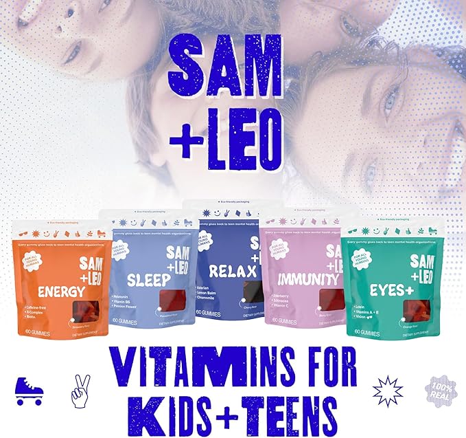 SAM+LEO Vitamin B Complex Gummies with Biotin for Kids & Teens - Caffeine-Free Focus & Energy Support Supplement Gummies | Vegan & Gluten Free Supplement - Strawberry Flavor (60 Count)