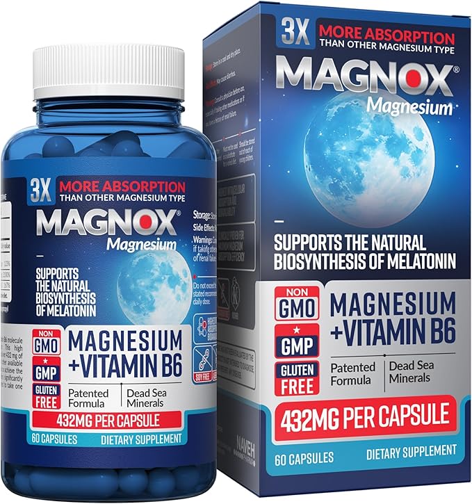 MAGNOX® High Absorption Magnesium Supplement with B6 & D3 Vitamins for Women & Men | Sleep Support | One Capsule a Day for Full Dosage (432mg) Patented & Clinically Tested Formula (60 pils)