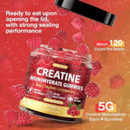 Creatine Gummies for Men & Women - Chewable Creatine Gummy with Taurine & Vitamin B12, 5g Creatine Monohydrate per Serving, 120 Gummies - Raspberry Flavor, Raspberry-Shaped