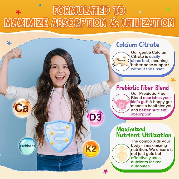 Kids Calcium Gummies with Vitamin D3 K2 - Calcium Citrate with Magnesium, Zinc, Omega-3 and Probiotics for Kids Bone Health, Digestive & Development Support - Sugar Free Gummies, Non-GMO, Vegan