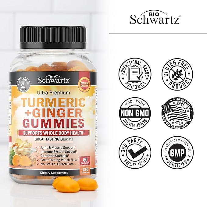 Turmeric Curcumin with Ginger Gummies - Natural Extra Strength Joint Support Supplement, Delicious Peach Flavor Ultra High Absorption Turmeric Supplement Non-GMO, Gluten Free 120 Count