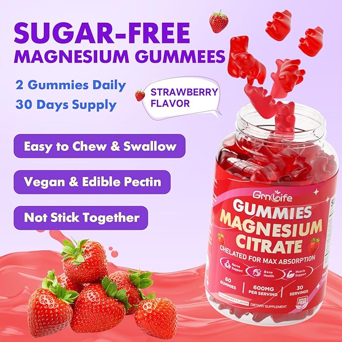 2 Pack Magnesium Citrate Gummies 600mg for Women Men, High Absorption Magnesium Supplement Gummies for Calm, Relaxation, Muscle Health, Vegan, Strawberry Flavor, 120 Count