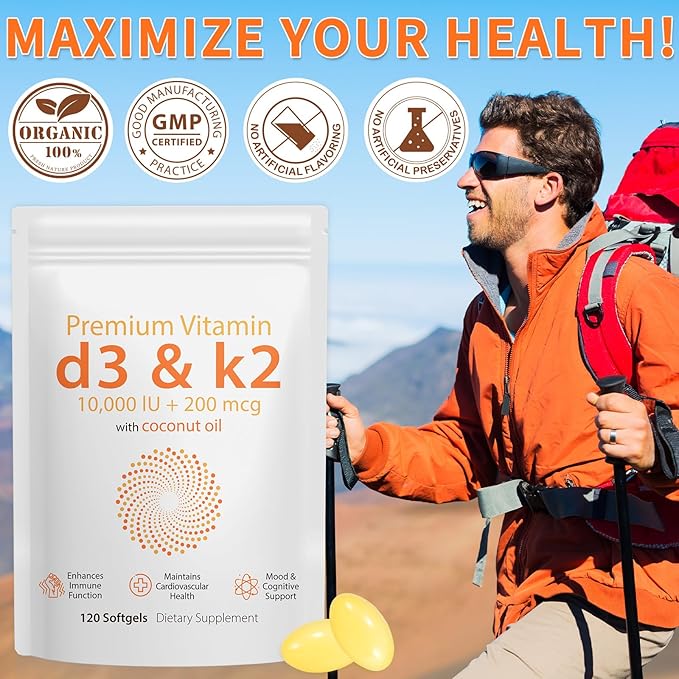 Daiasns Vitamin D3 K2 10000iu Supports Muscle & Brain Health -High-Potency D3 K2 Supplement Helps in Immune and Cardiovascular Support - 120 Softgels
