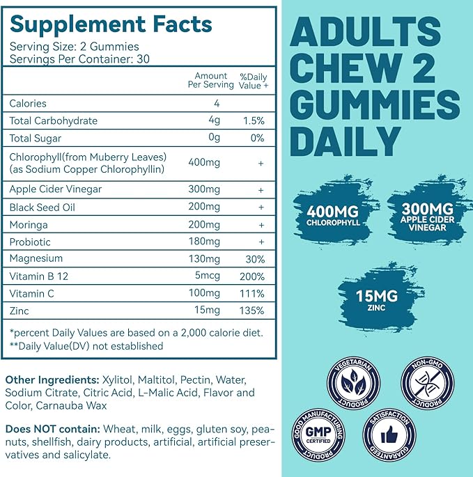 2 Pack Chlorophyll Gummies for Body Odor Deodorant*, Sugar Free Chewable Chlorophyll for Immune Support Women Vegan,120 Count