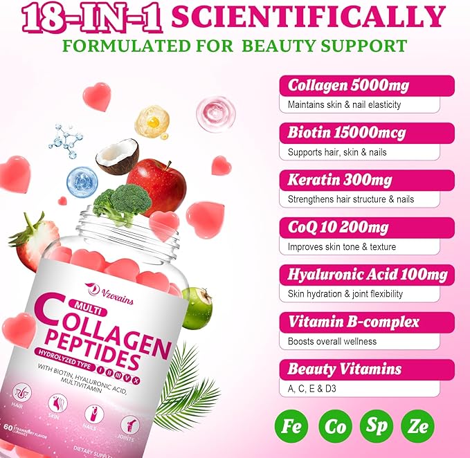 Collagen Peptides Gummies, Collagen Gummies for Women & Men, Type I,II,III,V,X Protein with Biotin, Hyaluronic Acid, Vitamin C for Healthy Skin | Strawberry Flavored, Sugar Free, 120 Cts