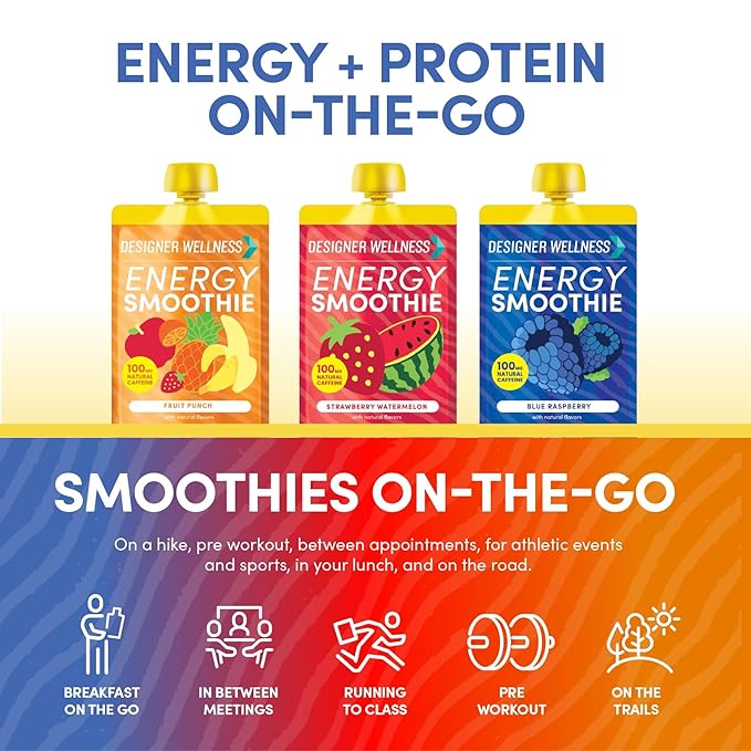 Designer Wellness Energy Smoothie, Real Fruit, 100mg Natural Caffeine, 5g Protein, Low Carb, Zero Added Sugar, Gluten-Free, Variety Pack, 12 Count