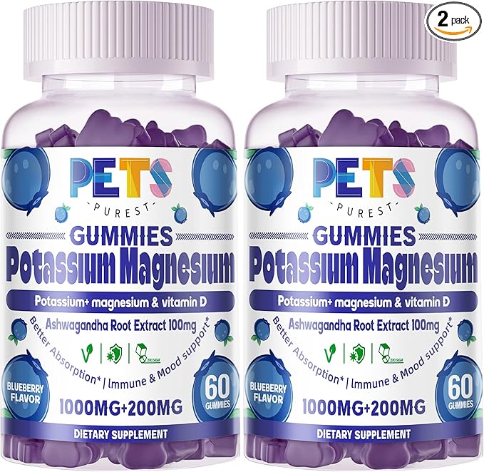 Potassium Magnesium Gummies - High Absorption Magnesium Glycinate & Potassium Citrate Plus Omega 3, B6, D3, K2 & Calcium - Chewable Gummy for Leg Cramps, Immunity & Energy Blueberry 120 Gummies