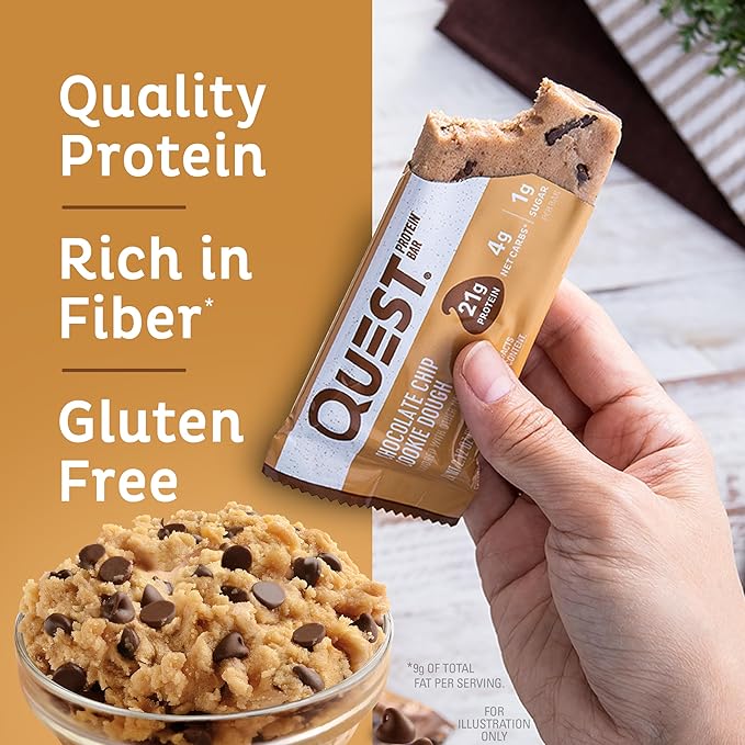 Quest Nutrition Chocolate Chip Cookie Dough Protein Bars,21g Protein,4,Net Carbs,1g Sugar,High Fiber,Gluten Free,Keto Friendly,4 Count (Pack of 2)