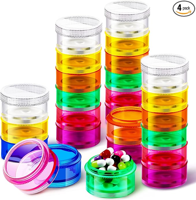 Sieral 7 Days Stackable Pill Organizers 7 Compartments Round Pill Boxes Tower Weekly Vitamin Individual Storage Containers Travel Cases with Lids for Medications, Vitamins and Supplements(4 Sets)