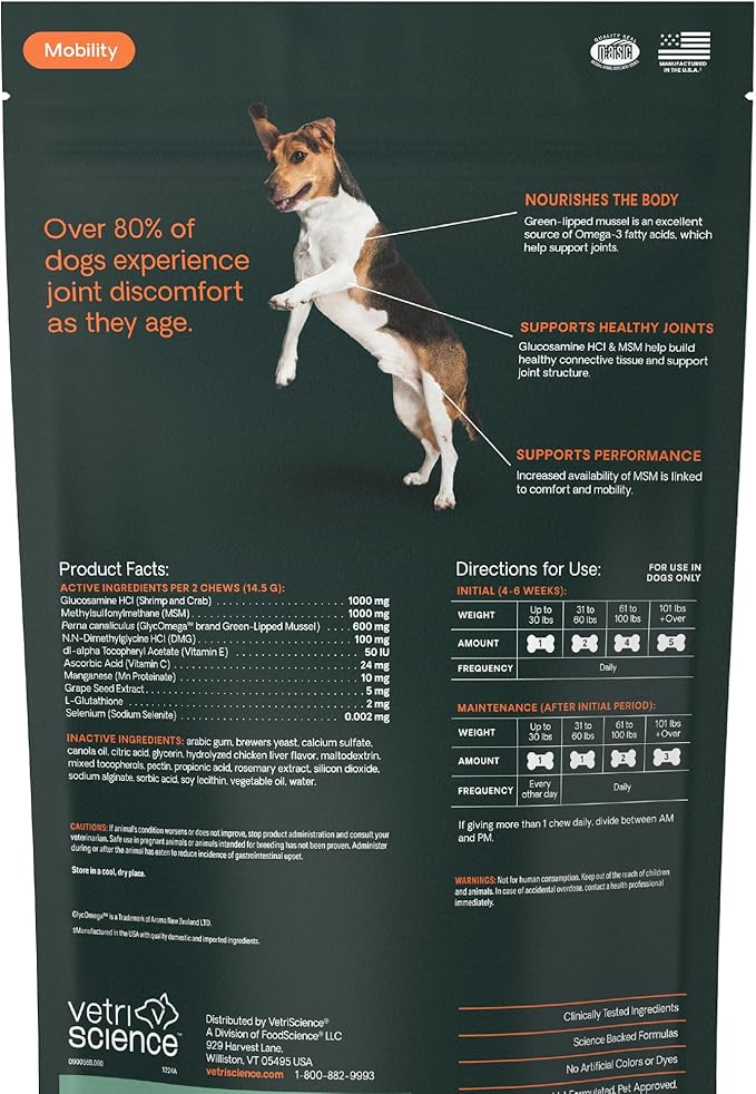 VetriScience Extra Strength Healthy Hip & Joint Chews, GlycoFlex Glucosamine and Green-Lipped Mussel Joint Support Supplement for Dogs, Promote Mobility and Soothe Joint Discomfort, Chicken, 120 Count