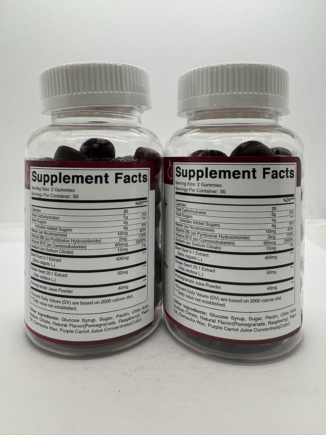 Vitamatic Beet Root Gummies 400mg with B6 (2mg), B12, Grape Seed, Pomegranate & Nicotinamide – Plant-Based Extract – Vegan, Non-GMO – Botanical Supplement Gummies – 60 Count - 2 Pack (120 Count)