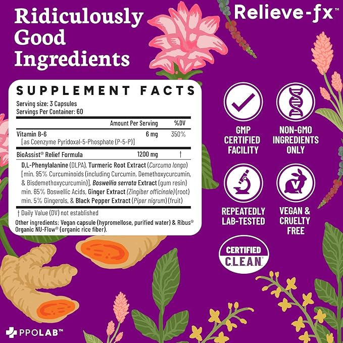 PPO Lab® Relieve-fx™ DLPA Boswellia Turmeric Ginger Supplement for Inflammation Health, Heart, Gut, Cramps, Joint, Stress Relief Factors as Curcumin, Boswellic Acid, Black Pepper Extract, 180 Capsules