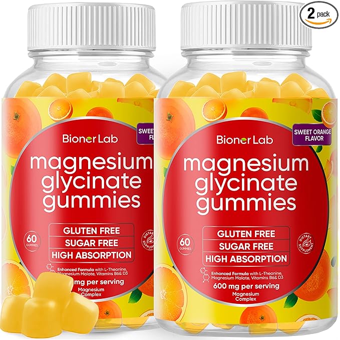 BionerLab Magnesium Glycinate Chewable Gummies (600mg) for Kids & Adults Women Men - Vegan Complex with Calcium Potassium Vitamin D B6 L-Theanine - Sugar & Gluten Free - Orange Flavor