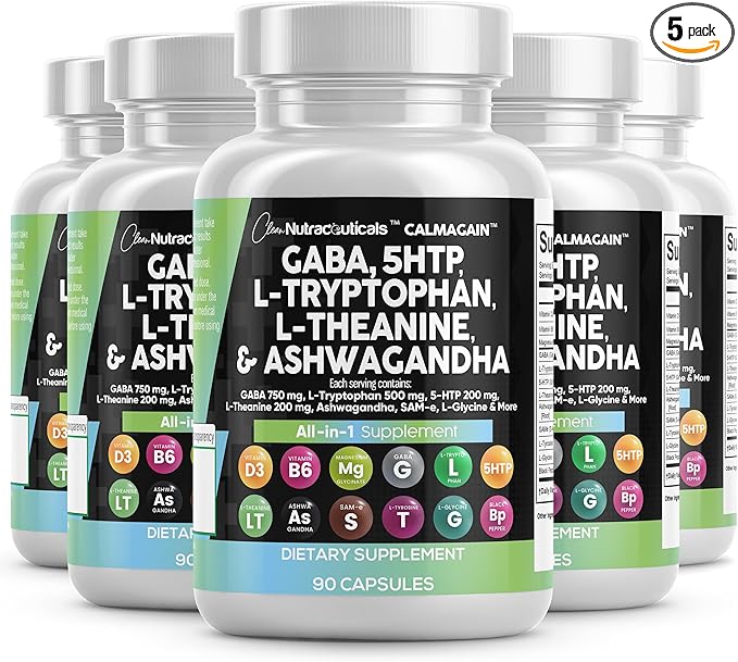Clean Nutraceuticals GABA 750mg 5 HTP 200mg L Tryptophan 500mg L Theanine 200mg Ashwagandha SAM-e L-Glycine - Mood Support Vitamins for Women and Men with L-Tyrosine (90 Count (Pack of 5))
