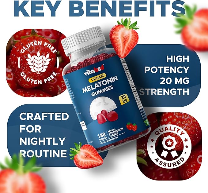 Vitabod Melatonin 20mg Gummies - 180 Count - Drug Free - Natural Strawberry Flavor - Vegetarian, Non-GMO, Gluten Free (1 Bottles)