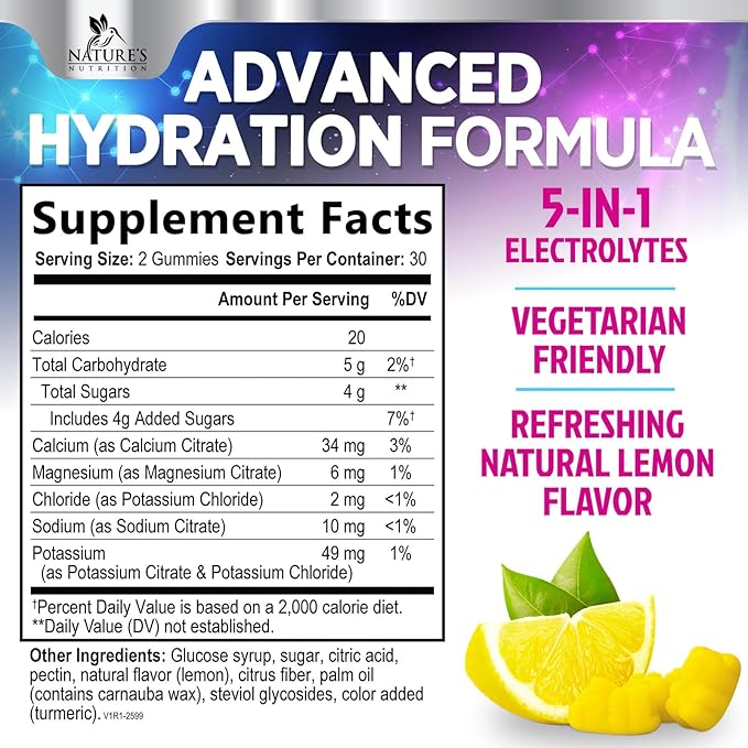 Hydration Electrolyte Gummies - Daily Liquid Replenisher Gummy - Electrolyte Multiplier with Minerals, Potassium & Real Salt - Vegan, Non-GMO - Tasty Lemon Flavor Hydration Electrolytes - 60 Gummies