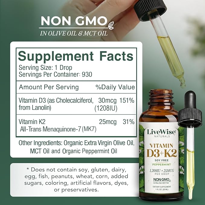 Live Wise Naturals Vitamin D3 K2 (MK-7) Peppermint Drops for Adults - 930 Drops, Ultra Concentrated Formulation, 1208 IU Vitamin D3, 25 MCG - Precision Micro-Dosing Dropper for Calcium & Bone Support