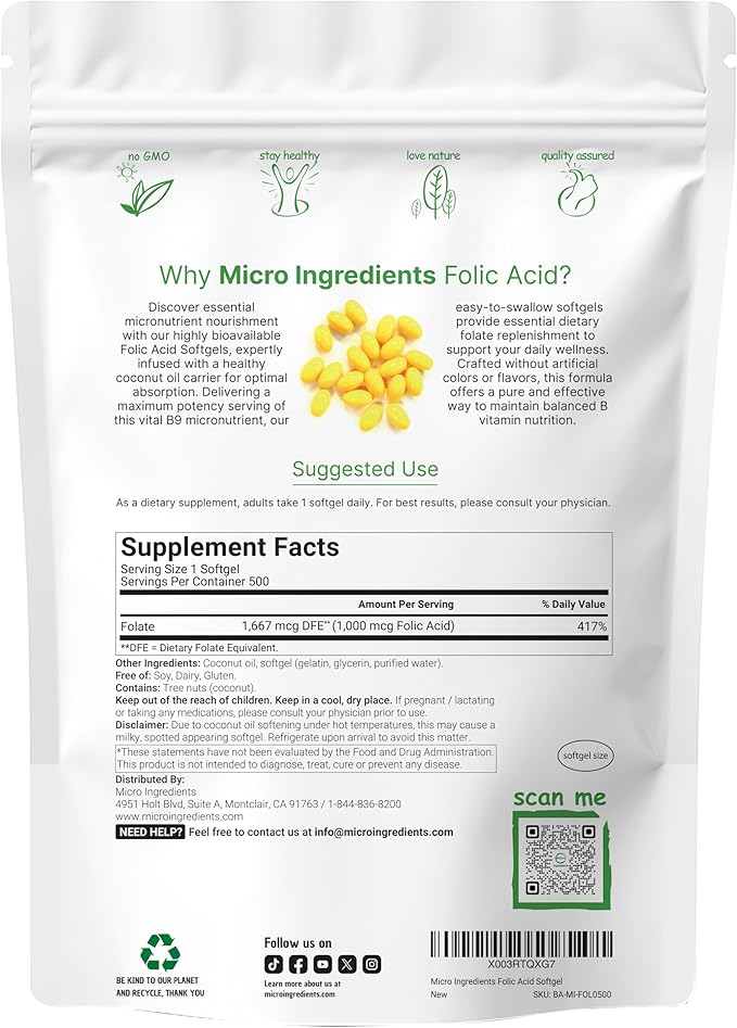 Folic Acid 1,000 mcg, 500 Coconut Oil Softgels (1mg) | Essential Prenatal Vitamins (Vitamin B9) | 1,667 mcg DFE | Third Party Tested, No Artificial Colors or Flavors | Non-GMO, Gluten Free
