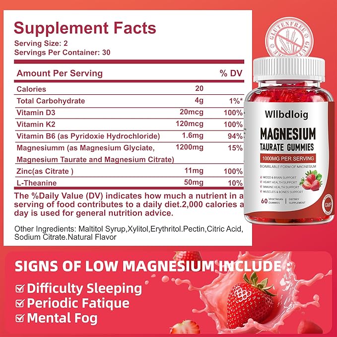 Magnesium Taurate Gummies, 1000mg Complex Magnesium Taurate Glycinate Citrate Gummies -High Absorption & Sugar Free, Muscle,Sleep and Heart Health Support, Vegan, Gluten Free, 60 Counts