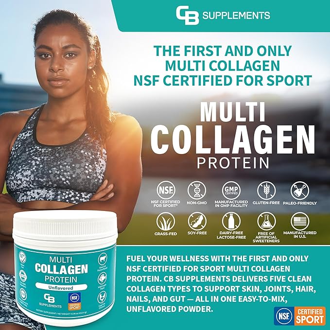 CB Supplements NSF Certified for Sport Multi Collagen Protein Powder Bone, Skin, Hair, and Joint Support | Hydrolyzed Collagen Supplements (58 Servings (Pack of 1), Unflavored)