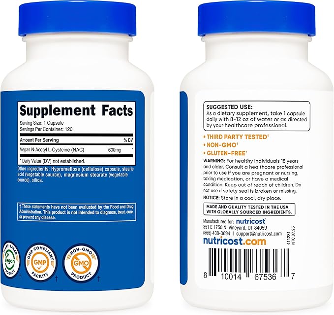 Nutricost N-Acetyl L-Cysteine (NAC) 600mg, 120 Vegetarian Capsules - Non-GMO, Gluten Free, Vegetarian Caps (Pack of 2)