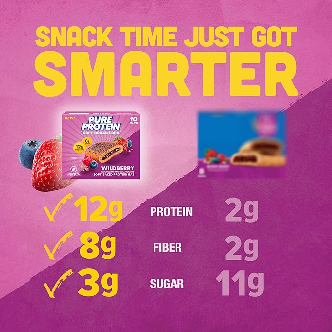 Pure Protein Wildberry Soft Baked Protein Bars – 12g Protein, 8g Fiber, Whole Grain Breakfast Bars, High Fiber, Individually Wrapped Protein Snacks for On-the-Go – 10 Count