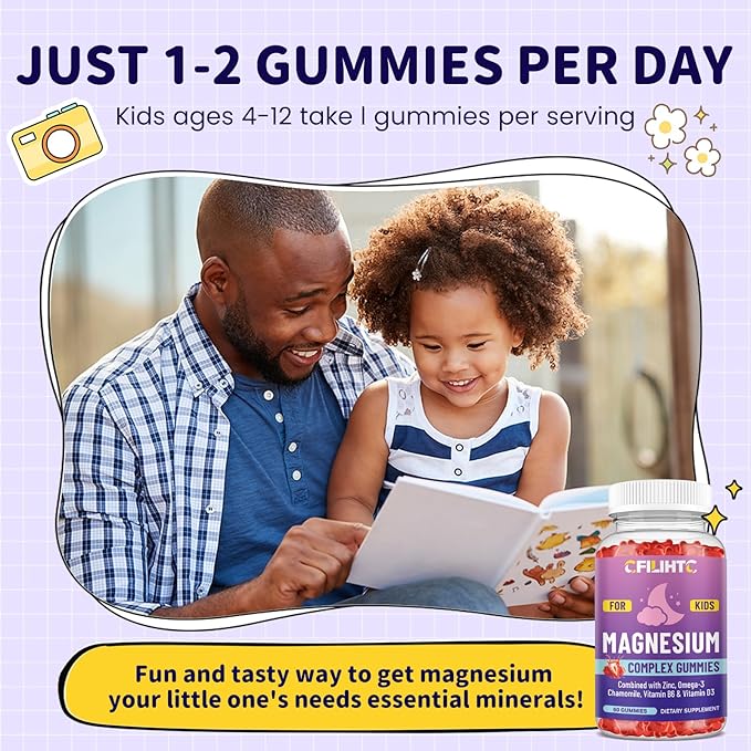 Kids Magnesium Gummies-Magnesium Glycinate Gummies for Kids Supplement-w/Zinc, Chamomile, Omega-3, Vitamin B6, D3 - for Sleep, Relaxation, Brain, Bones, Children's Calm, Sugar Free, 2 Pack Strawberry