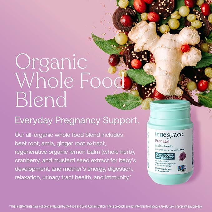 True Grace Prenatal Multivitamin - 30 Servings - Supports a Healthy Mom & Baby with Methylfolate & Choline for Fetal Brain Development - Gluten Free, Soy Free - 60 Vegan Tablets