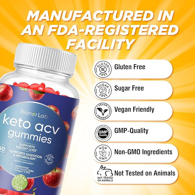 BionerLab Keto ACV Advanced Weight Loss Gummies - Apple Cider Vinegar Gummy for Belly Fat Burn - Support Metabolism Digestion Boost - Sugar Free with B12 B6 to Lose Weight & Ketogenic Diet Management